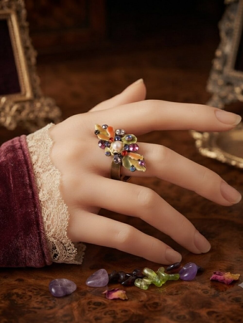 Michal Negrin Victorian Revival Floral Statement Ring - Swarovski Crystals